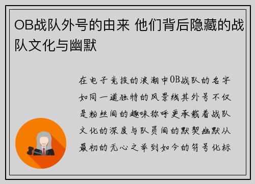 OB战队外号的由来 他们背后隐藏的战队文化与幽默