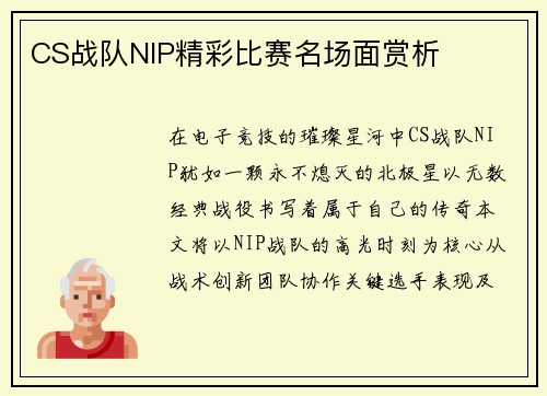 CS战队NIP精彩比赛名场面赏析