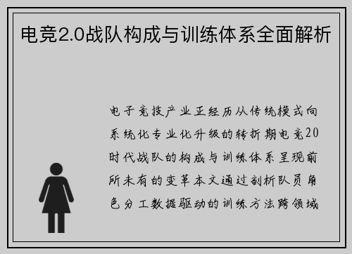 电竞2.0战队构成与训练体系全面解析